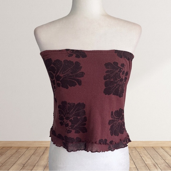 Free People Poppy Tube Top Brown Burgundy Floral Smocked Crop Size L NWT - Picture 2 of 5